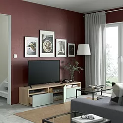 BESTÅ - Meja TV dengan laci dan pintu, efek kayu oak diwarnai putih/Hjortviken abu-abu-hijau pudar, 180x42x39 cm