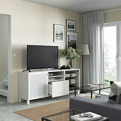 BESTÅ - Meja TV dengan laci, putih Mörtviken/Lappviken/Stubbarp putih, 180x42x74 cm