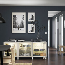 BESTÅ - Storage combination with doors, white Sindvik/Stubbarp/light grey-beige clear glass, 180x42x74 cm