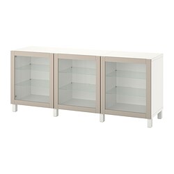 BESTÅ - Storage combination with doors, white Sindvik/Stubbarp/light grey-beige clear glass, 180x42x74 cm