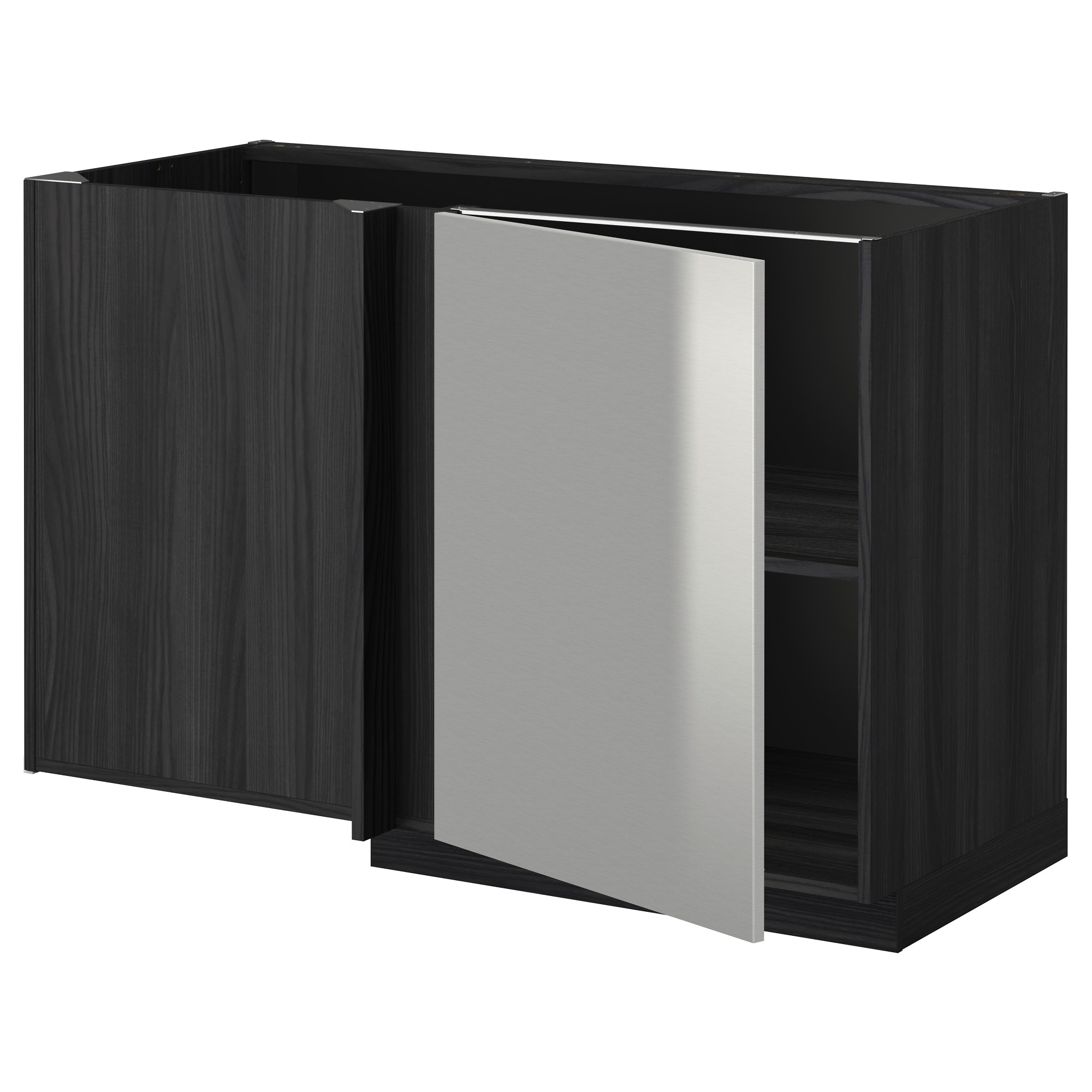 METOD corner base with shelf, black/Grevsta stainless steel