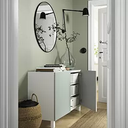 BESTÅ - Kombinasi penyimpanan dengan pintu, putih/Hjortviken/Stubbarp abu-abu-hijau pudar, 120x42x74 cm
