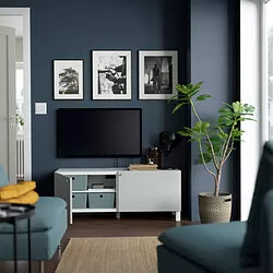 BESTÅ - Meja TV dengan pintu, putih Hjortviken/Stubbarp/abu-abu-hijau pudar, 120x42x48 cm