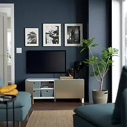 BESTÅ - Meja TV dengan pintu, putih Riksviken/Stubbarp/warna  perunggu, 120x42x48 cm