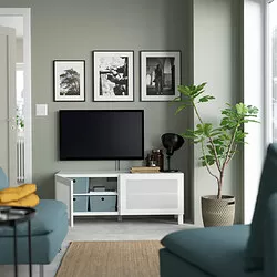 BESTÅ - Meja TV dengan pintu, putih/Mörtviken/Stubbarp putih, 120x42x48 cm