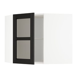 METOD - Corner wall cab w shelves/glass dr, white/Lerhyttan black stained, 68x37x60 cm