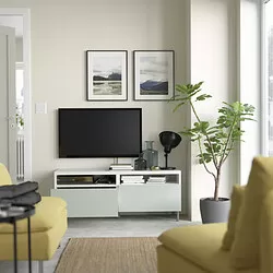 BESTÅ - Meja TV dengan laci, putih/Hjortviken/Ösarp abu-abu-hijau pudar, 120x42x48 cm