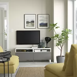 BESTÅ - Meja TV dengan laci, putih/Västerviken/Stubbarp abu-abu tua, 120x42x48 cm
