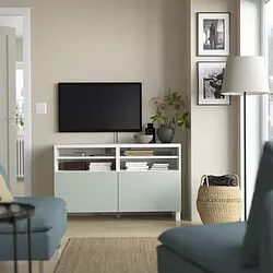 BESTÅ - Meja TV dengan pintu, putih/Hjortviken/Stubbarp abu-abu-hijau pudar, 120x42x74 cm