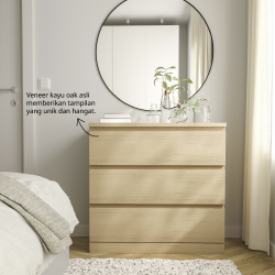 MALM - Lemari 3 laci, veneer kayu oak diwarnai putih, 80x78 cm