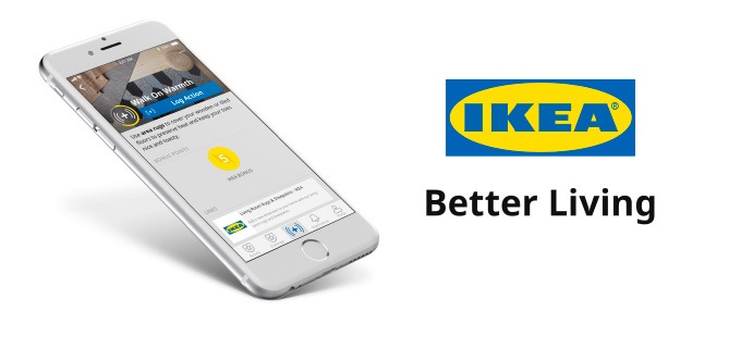 A silver coloured mobile phone featuring the IKEA Better Living App next to the IKEA logo and ‘Better Living’ slogan