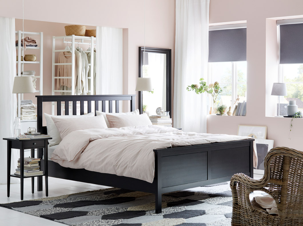 IKEA HEMNES black brown bed frame is constructed of solid wood with straight slats on the headboard. It is finished on all sides, so you can boldly place your bed in the middle of your bedroom.