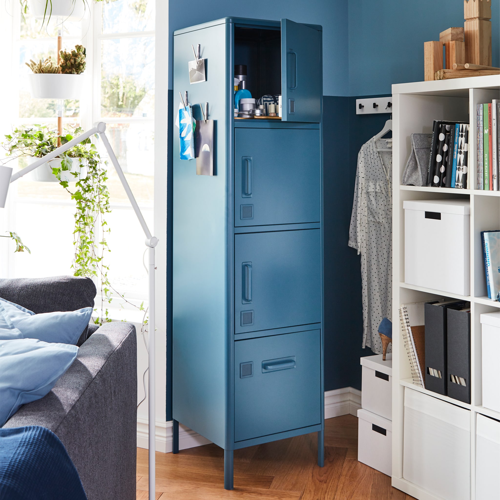  Next to a window is a narrow wall where IDÅSEN high cabinet with four doors fits perfectly since it's narrow too.