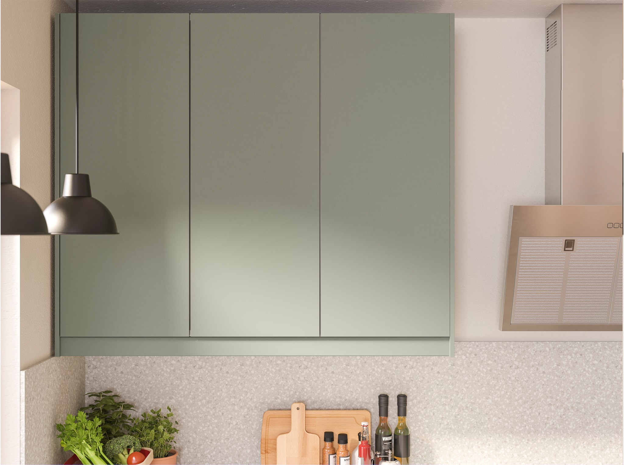  Wall-mounted kitchen cabinets with grey-green doors that have smooth and practical surfaces resistant to moisture and stains.