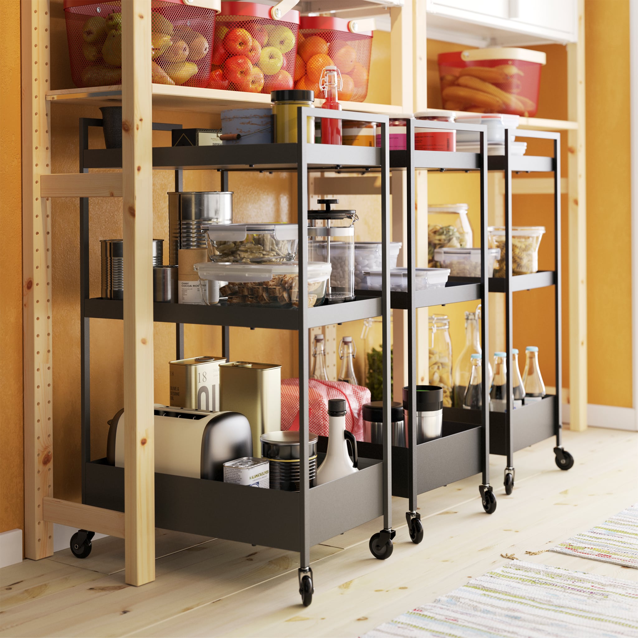  Kitchen with white doors, a yellow backsplash panel and rail with hooks where scissors and other kitchen utensils hang.