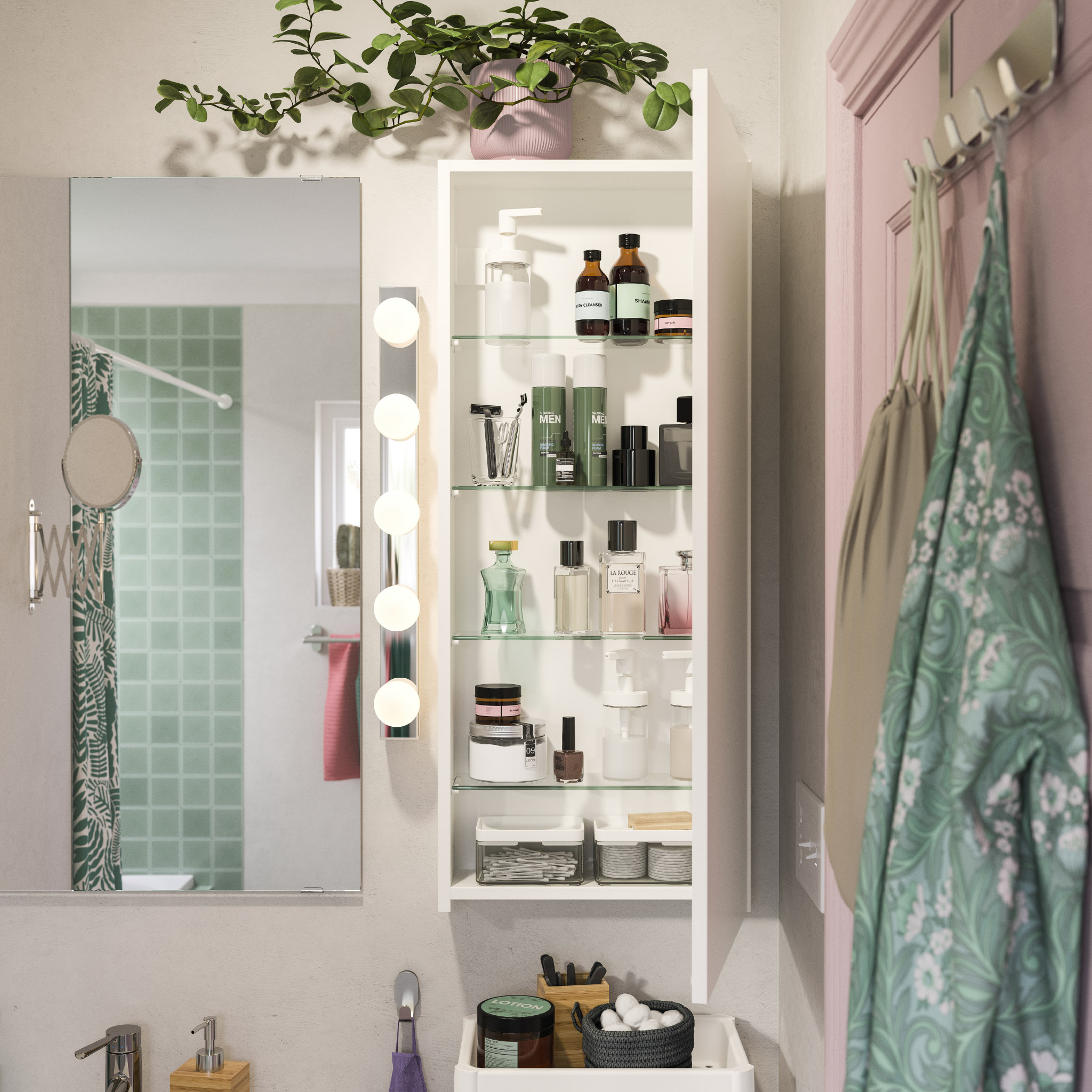 A shallow wall cabinet is mounted next to a mirror. The door is open and perfumes, face creams and more stand on the shelves.