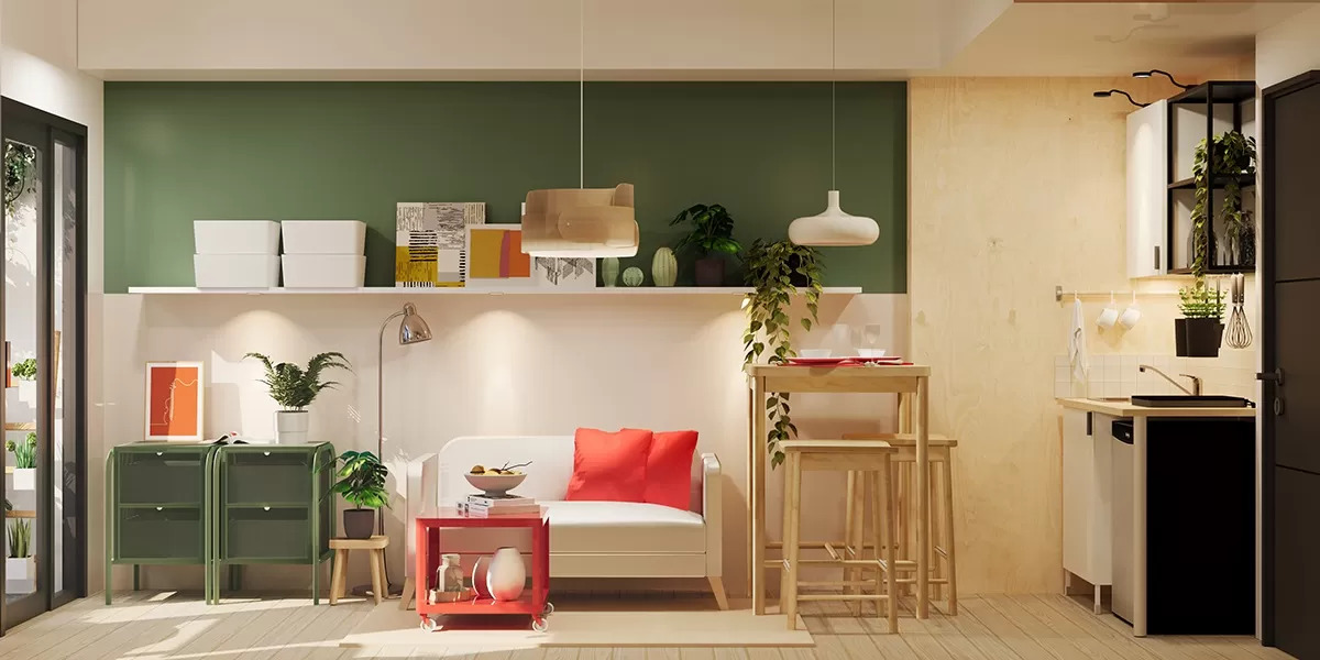 Multifunctional room used as a kitchen, dining area, and living room in a simple 2-bedroom minimalist home