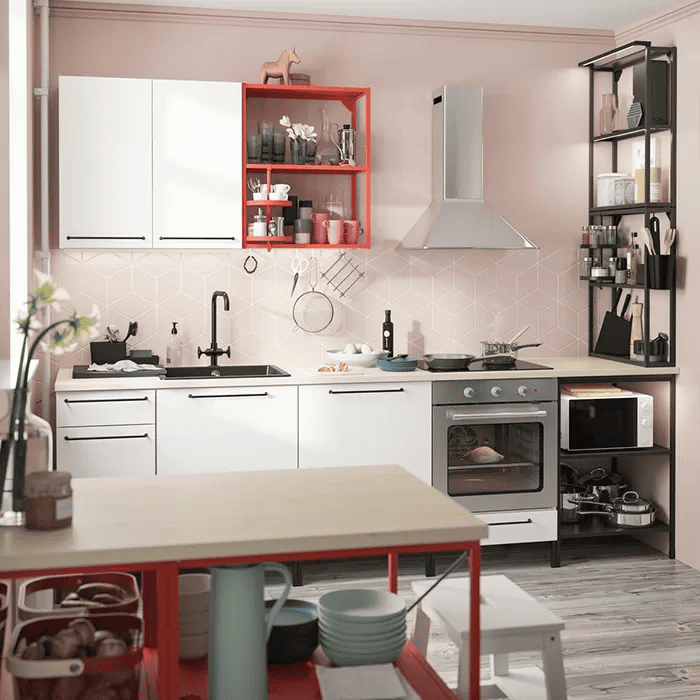 ENHET kitchen set with closed cabinets and open shelves