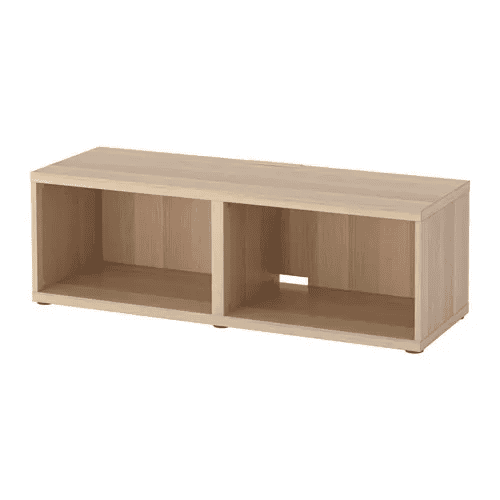 Kabinet TV BESTÅ modular dengan ruang penyimpanan terbuka dan tertutup.